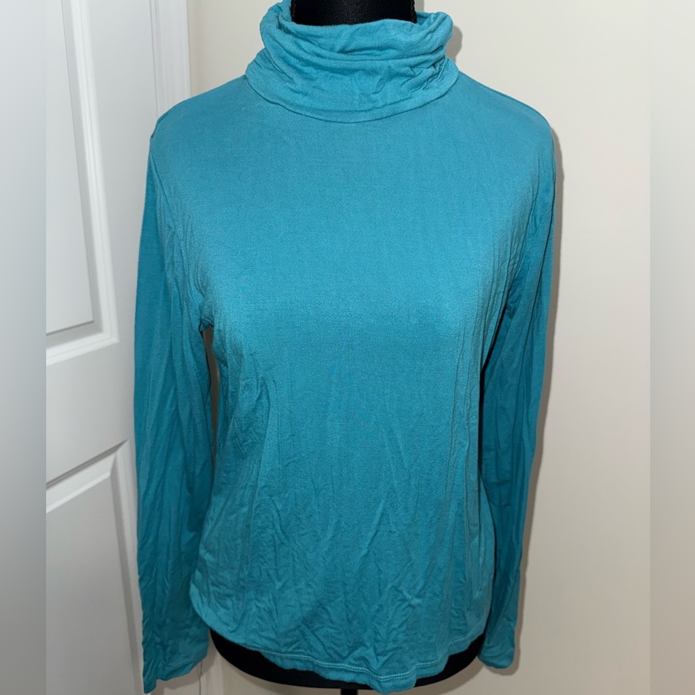 Susan Bristol soft teal blue long-sleeve turtleneck